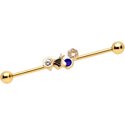 14G Clear CZ Gem Gold Tone Lovely Bee Industrial Barbell 38mm