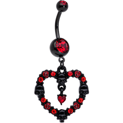 Red CZ Gem Black Skull Heart Halloween Dangle Belly Ring