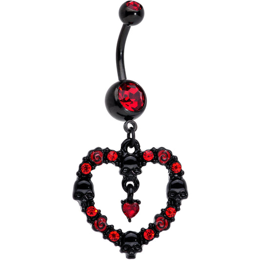 Red CZ Gem Black Skull Heart Halloween Dangle Belly Ring