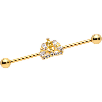 14G Clear CZ Gem Gold Tone Lavish Crown Industrial Barbell 38mm