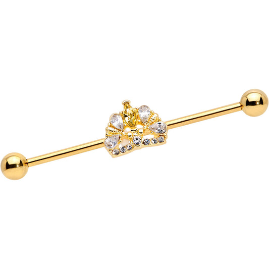 14G Clear CZ Gem Gold Tone Lavish Crown Industrial Barbell 38mm