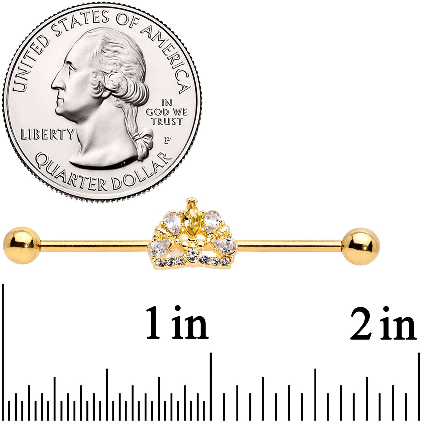 14G Clear CZ Gem Gold Tone Lavish Crown Industrial Barbell 38mm