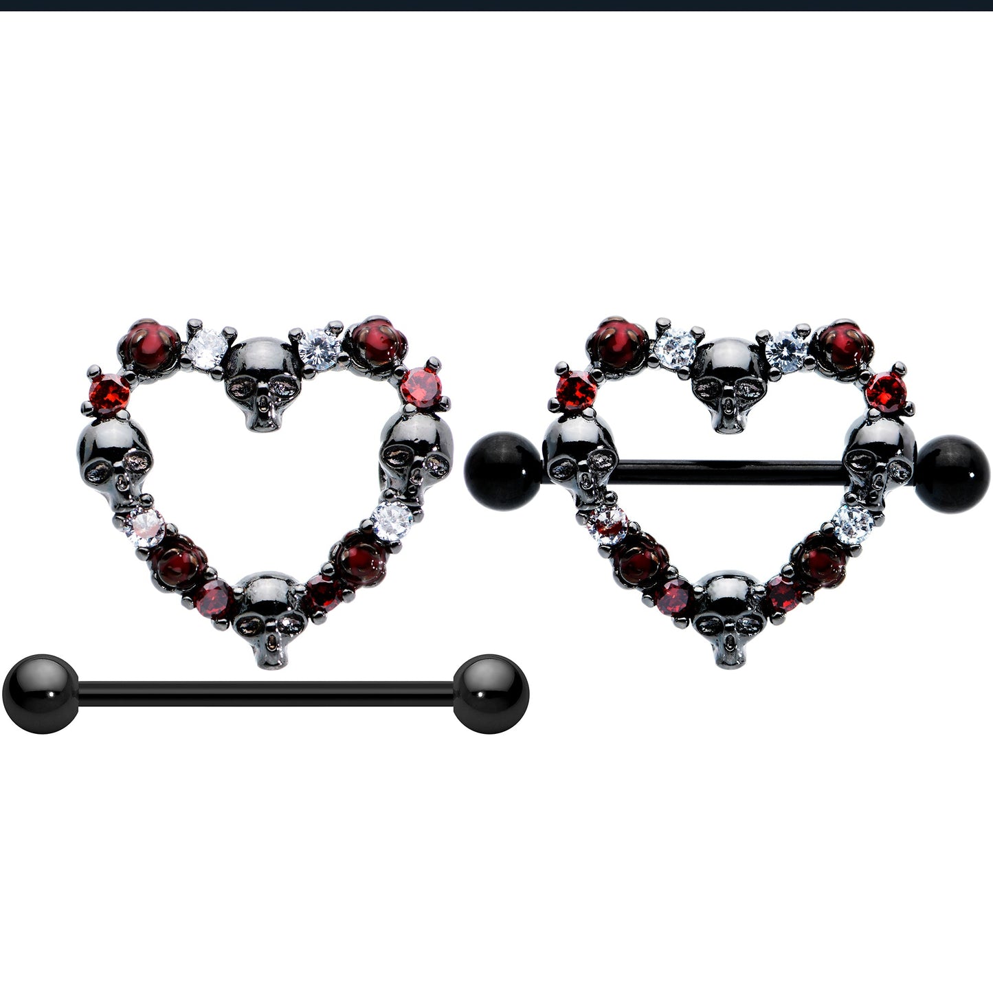 14G 7/8 Red CZ Gem Black Skull Heart Halloween Nipple Shield Set