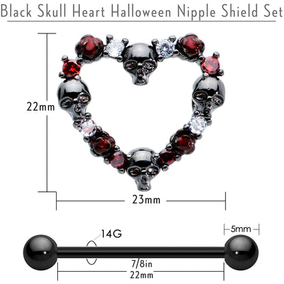 14G 7/8 Red CZ Gem Black Skull Heart Halloween Nipple Shield Set