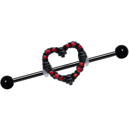 14G Red CZ Gem Black Skull Heart Halloween Industrial Barbell 38mm