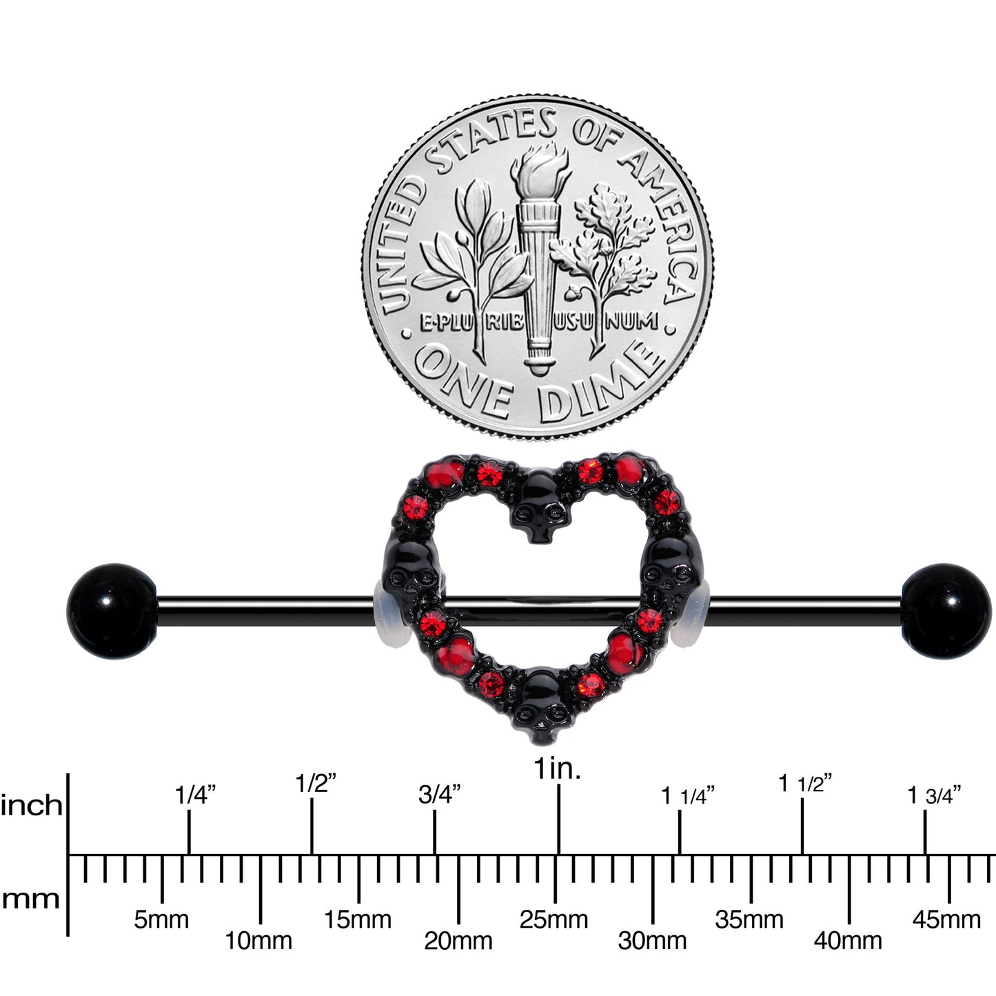 14G Red CZ Gem Black Skull Heart Halloween Industrial Barbell 38mm