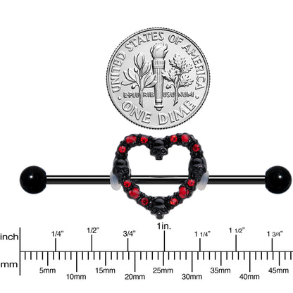 14G Red CZ Gem Black Skull Heart Halloween Industrial Barbell 38mm