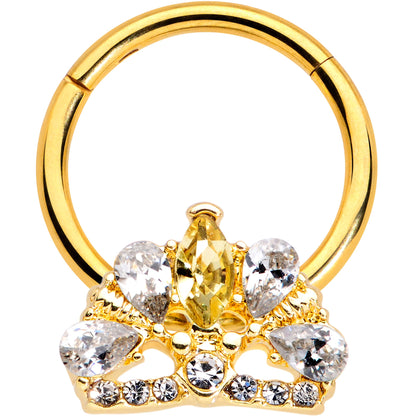16G 3/8 Clear CZ Gem Gold Tone Lavish Crown Hinged Segment Ring