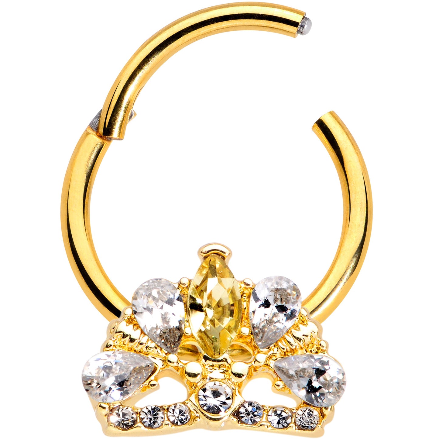 16G 3/8 Clear CZ Gem Gold Tone Lavish Crown Hinged Segment Ring