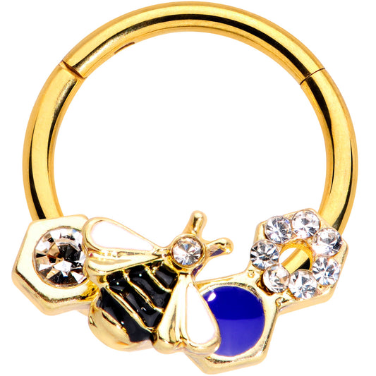 16G 3/8 Clear CZ Gem Gold Tone Lovely Bee Hinged Segment Ring