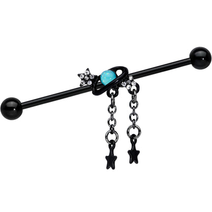 14G Clear Blue Gem Black Saturn Stars Industrial Barbell 38mm