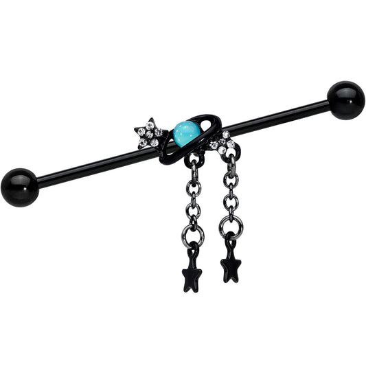 14G Clear Blue Gem Black Saturn Stars Industrial Barbell 38mm