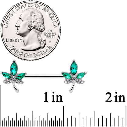 14G 9/16 Clear Green Gem Pot Leaf Barbell Nipple Ring Set