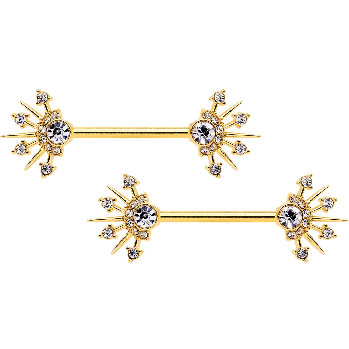 14G 5/8 Clear CZ Gem Gold Hue Elegant Crest Barbell Nipple Ring Set