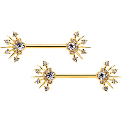 14G 5/8 Clear CZ Gem Gold Hue Elegant Crest Barbell Nipple Ring Set