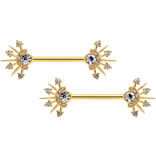 14G 5/8 Clear CZ Gem Gold Hue Elegant Crest Barbell Nipple Ring Set
