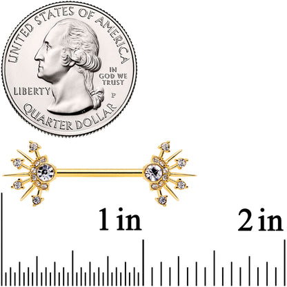 14G 5/8 Clear CZ Gem Gold Hue Elegant Crest Barbell Nipple Ring Set