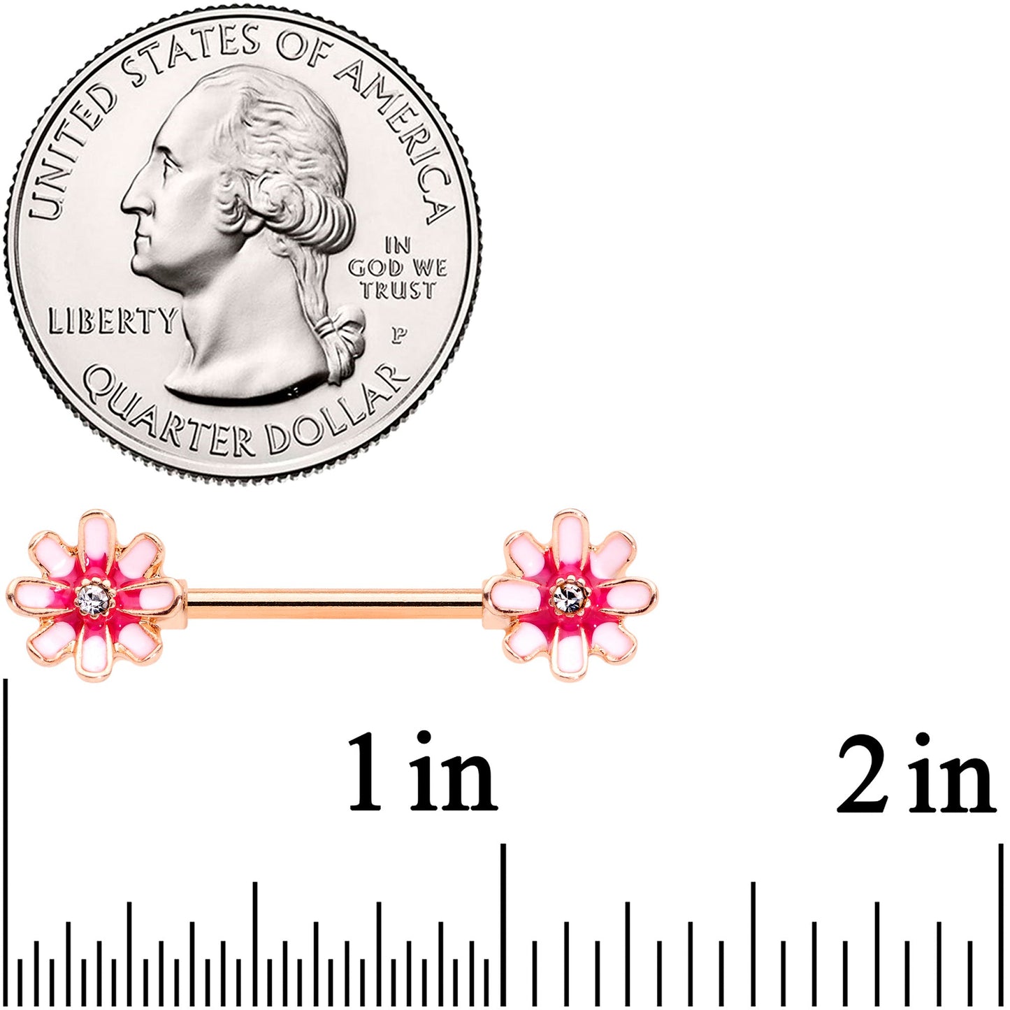 14G 5/8 Clear Gem Rose Gold Tone Pink Flower Nipple Ring Set