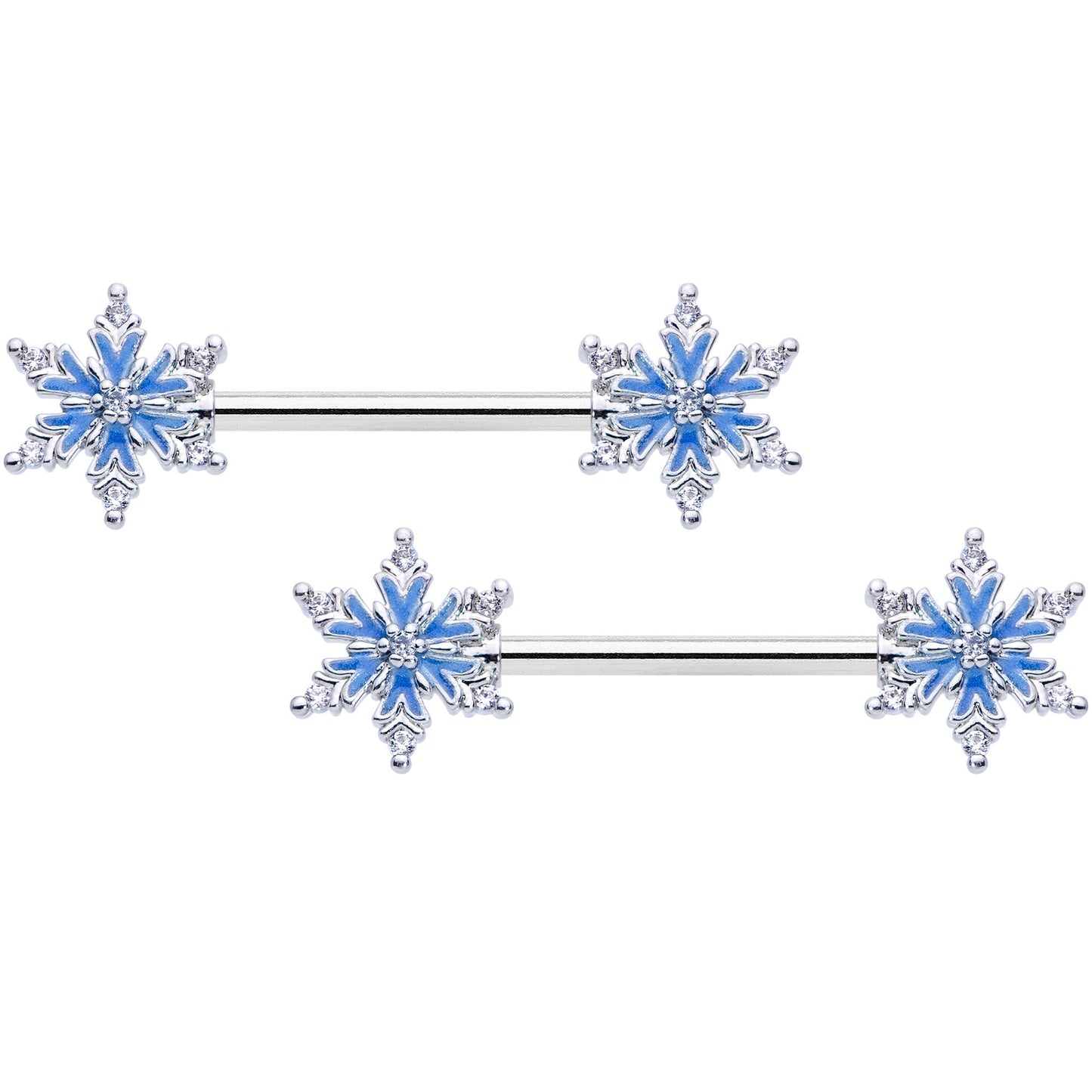 14G 9/16 Clear CZ Gem Blue Snowflake Barbell Nipple Ring Set