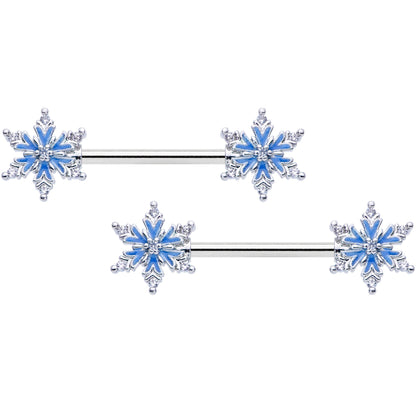 14G 9/16 Clear CZ Gem Blue Snowflake Barbell Nipple Ring Set