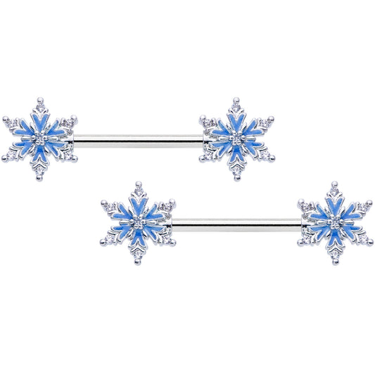 14G 9/16 Clear CZ Gem Blue Snowflake Barbell Nipple Ring Set
