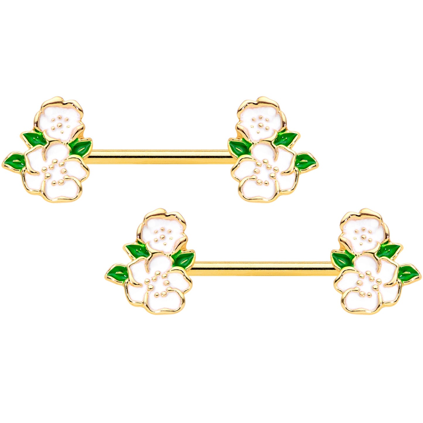 14G 9/16 Gold Tone White Spring Flower Barbell Nipple Ring Set