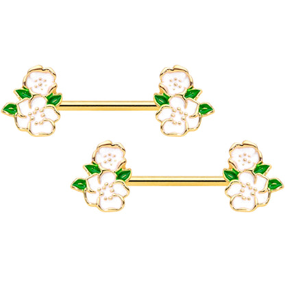 14G 9/16 Gold Tone White Spring Flower Barbell Nipple Ring Set