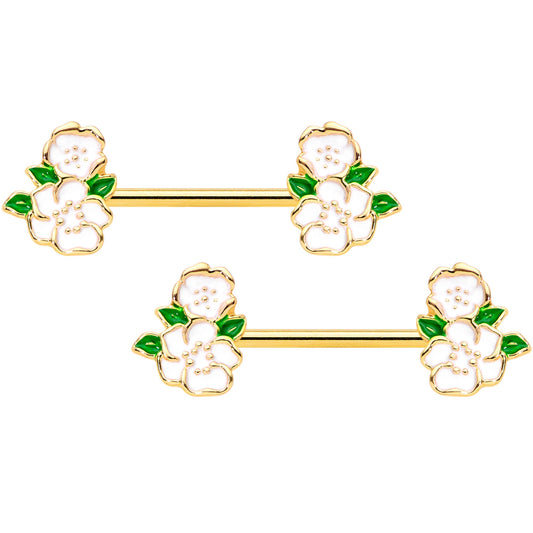 14G 9/16 Gold Tone White Spring Flower Barbell Nipple Ring Set