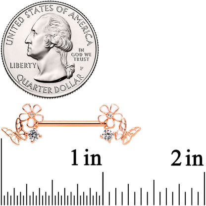 14G 9/16 Clear CZ Gem Rose Gold Tone Butterfly Nipple Ring Set