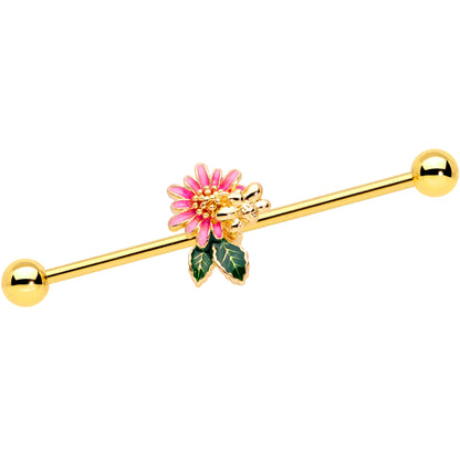 14G Gold Tone Pink Flower Bee Industrial Barbell 38mm