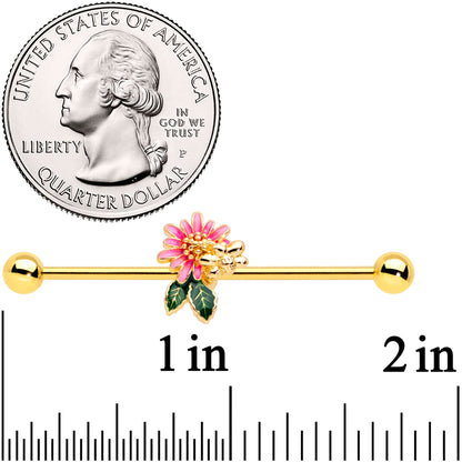 14G Gold Tone Pink Flower Bee Industrial Barbell 38mm
