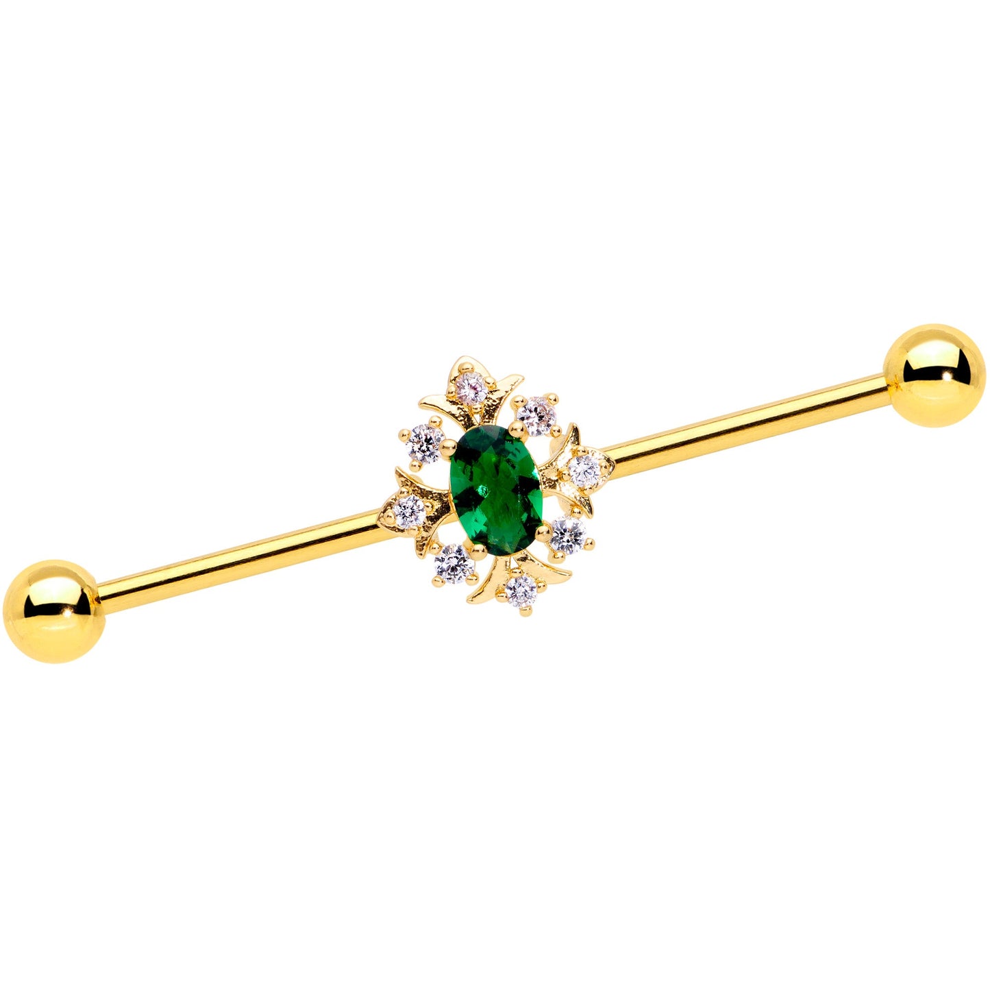 14G Green Gem Gold Tone Oval Sunburst Industrial Barbell 38mm