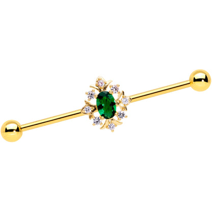 14G Green Gem Gold Tone Oval Sunburst Industrial Barbell 38mm