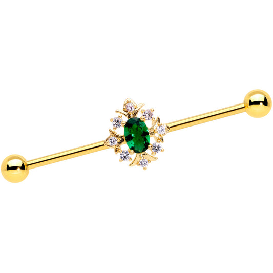 14G Green Gem Gold Tone Oval Sunburst Industrial Barbell 38mm