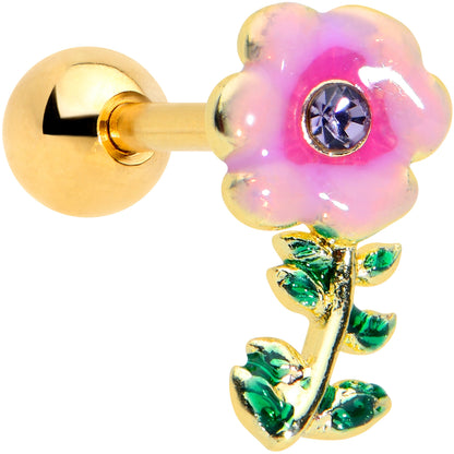 16G 1/4 Purple Gem Gold Tone Pink Flower Cartilage Tragus Earring