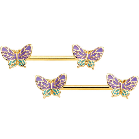 14G 9/16 Gold Tone Purple Green Butterfly Barbell Nipple Ring Set