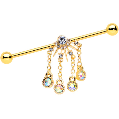 14G Clear CZ Gem Gold Tone Elegant Dangle Industrial Barbell 38mm