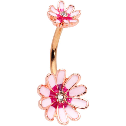 Clear Gem Rose Gold Tone Pink Flower Double Mount Belly Ring