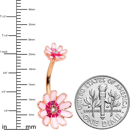 Clear Gem Rose Gold Tone Pink Flower Double Mount Belly Ring