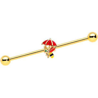 14G Gold Tone Rainy Day Umbrella Bee Industrial Barbell 38mm