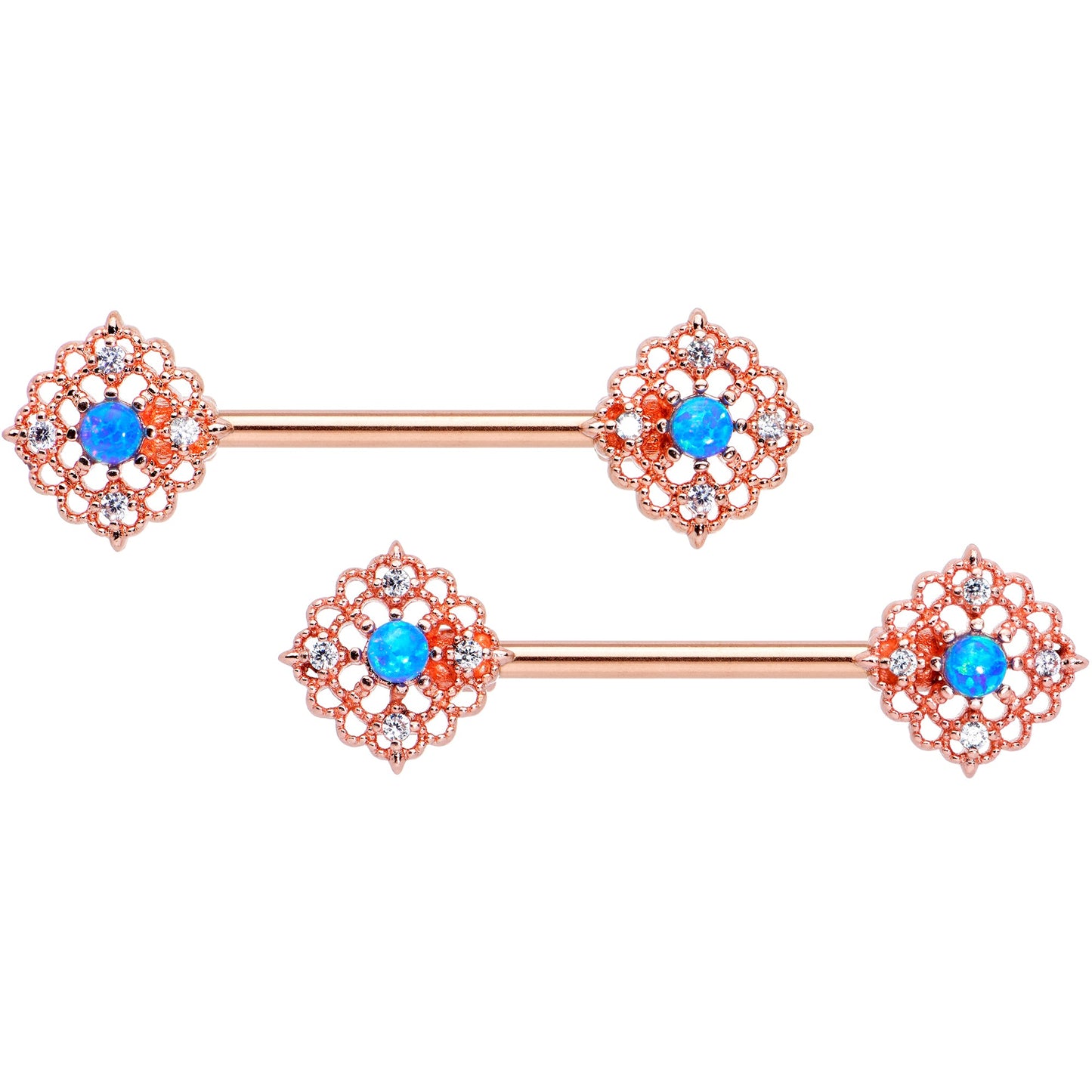 14G 9/16 Blue Synthetic Opal Rose Gold Tone Lacy Nipple Ring Set
