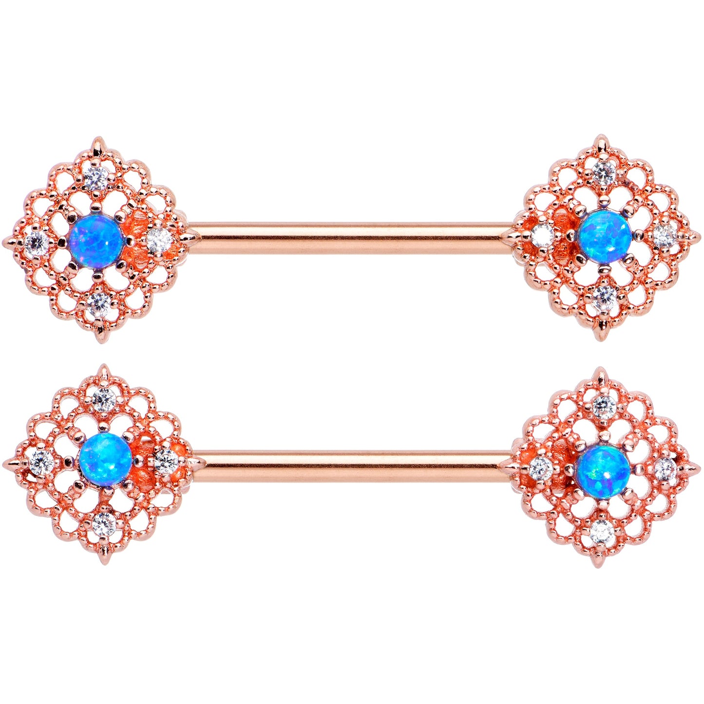 14G 9/16 Blue Synthetic Opal Rose Gold Tone Lacy Nipple Ring Set