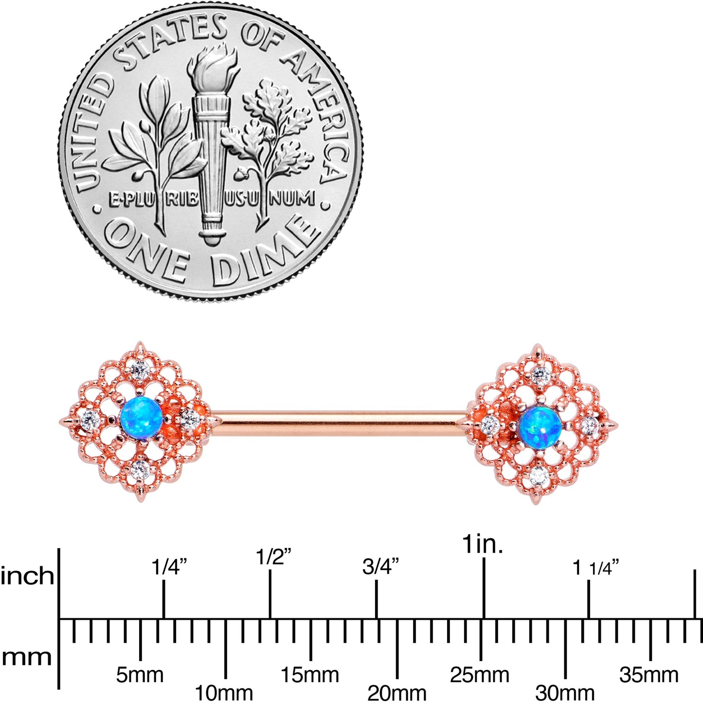 14G 9/16 Blue Synthetic Opal Rose Gold Tone Lacy Nipple Ring Set