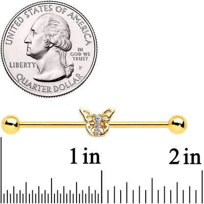 14G Clear CZ Gem Gold Tone Open Butterfly Industrial Barbell 38mm