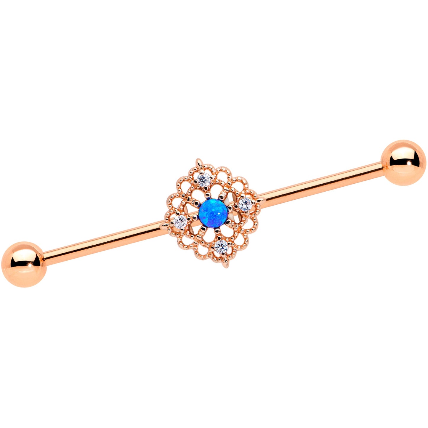 14G Blue Synth Opal Rose Gold Tone Lacy Industrial Barbell 38mm