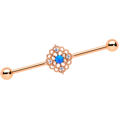 14G Blue Synth Opal Rose Gold Tone Lacy Industrial Barbell 38mm