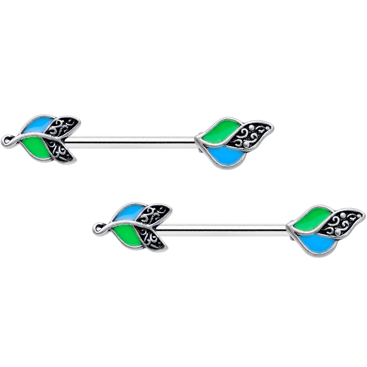 14G 9/16 Filigree Blue Green Leaves Barbell Nipple Ring Set