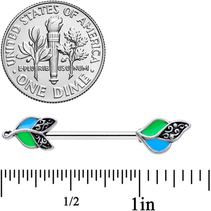 14G 9/16 Filigree Blue Green Leaves Barbell Nipple Ring Set