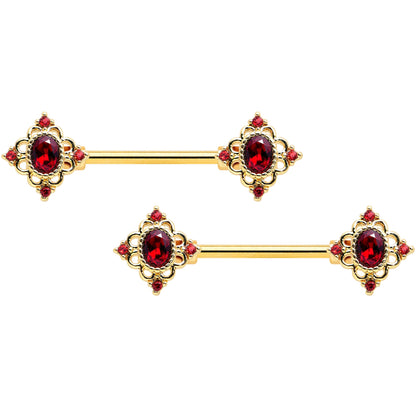 14G 9/16 Red Gem Gold Tone Rich Rhombus Barbell Nipple Ring Set