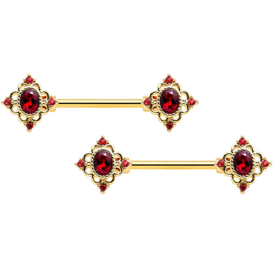 14G 9/16 Red Gem Gold Tone Rich Rhombus Barbell Nipple Ring Set